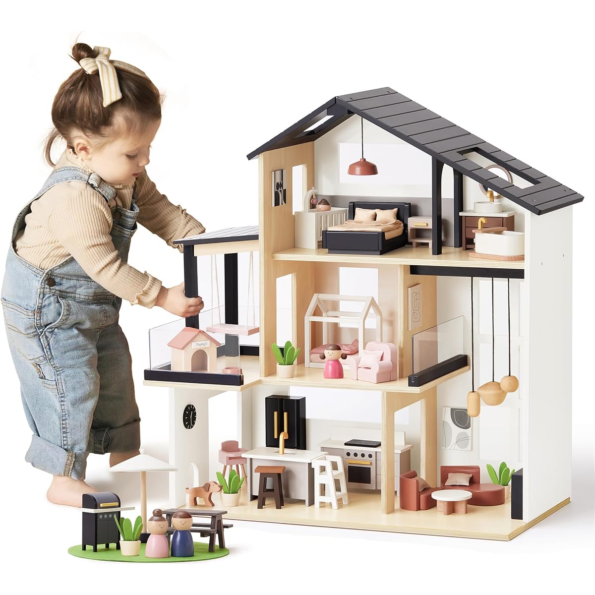 Tiny Land Dollhouse Modern Family Dollhouse Realistic Design Wooden Dollhouse with 53 Pieces of Furniture Perfect Gift for Kids Ages 3+