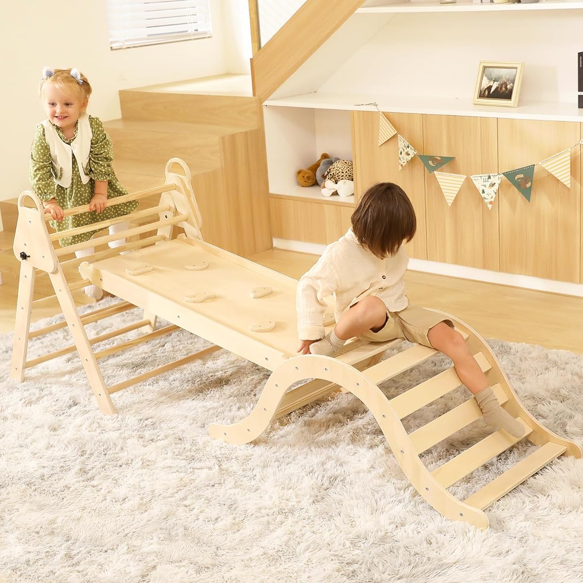 KIDHABE 7-in-1 Foldable Pikler Triangle Set with Ramp & Arch Rocker, Montessori Climbing Set for Toddlers, Wooden Climbing Gym for Indoor & Outdoor Play Area, Early Learning for Kids