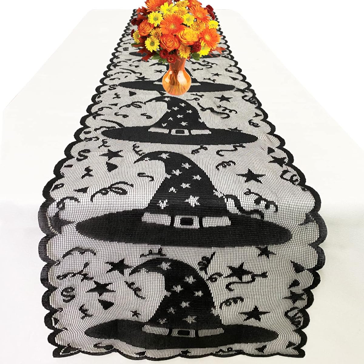 Halloween Table Runner - Lace Witch Hat Table Runner Halloween Table Decorations - Halloween Fancy Dress, Dinner Party, Costume Party, Scary Movie Night Table Decorations (Black)