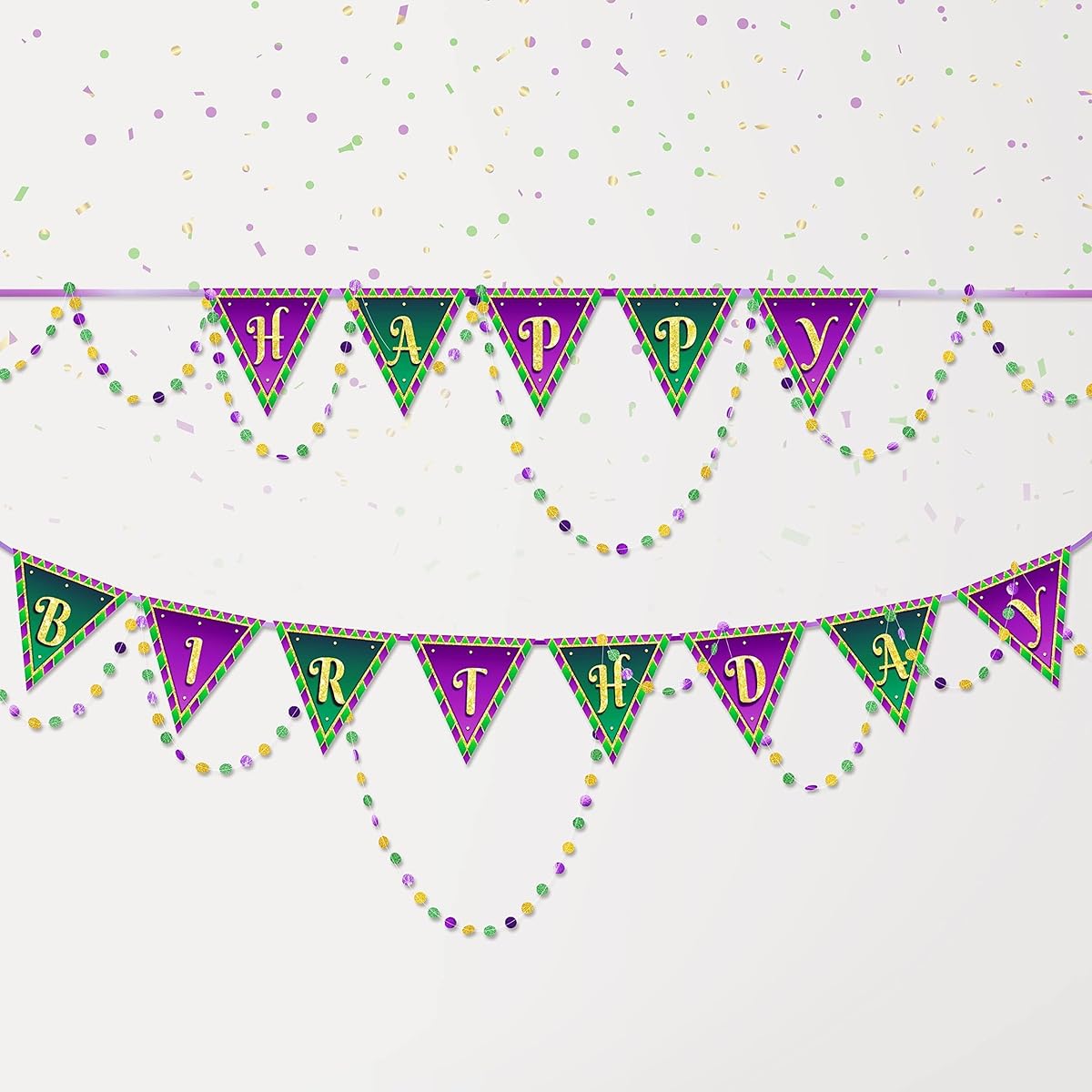 Green Purple Gold Happy Birthday Banner and Paper Bead Garland Set Mardi Gras Theme Birthday Decorations Triangle Flags Mardi Gras Party Supplies