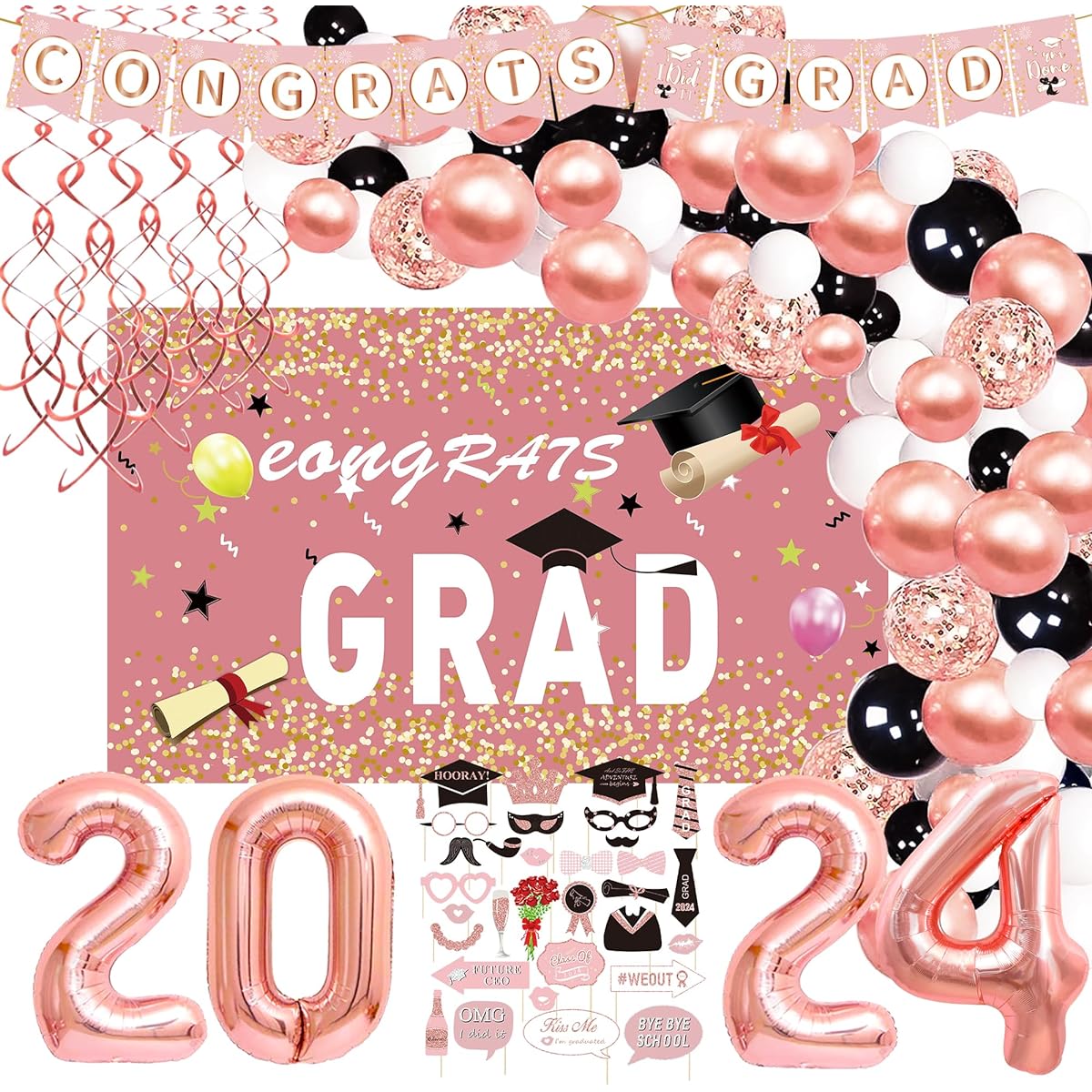 Graduation Decorations 2023 - Rose Gold Graduation Party Supplies Graduation Banner, Graduation Backdrop, Hanging Swirls, Graduation Balloon Garland Kit, Photo Booth Props for Grad Decorations | Pink