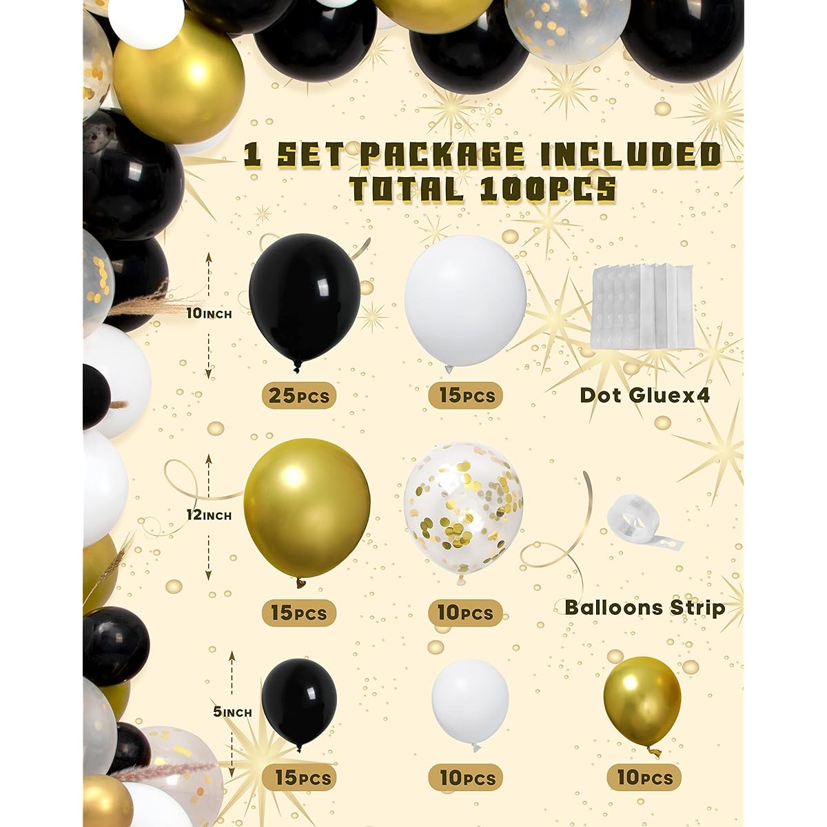 MOMOHOO Black and Gold Balloon Garland - 100pcs 12/10/5 inch Gold Black White Balloons Confetti Balloons New Year Balloons Graduation Balloons Latex Balloons Metallic Gold Birthday Balloons