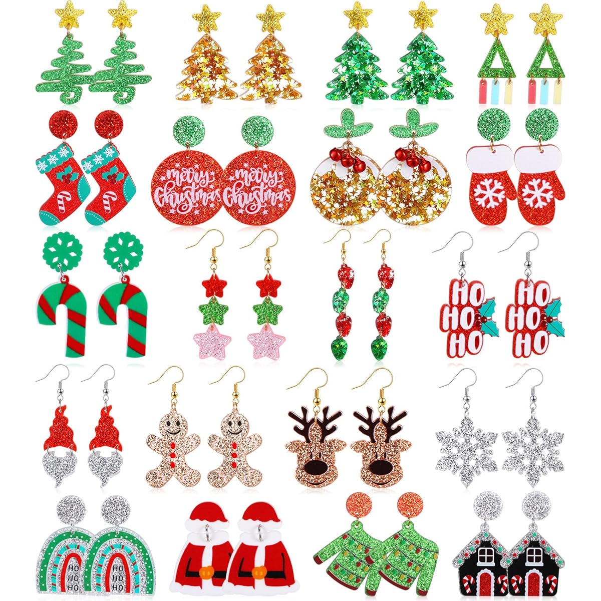Equsion 20 Pairs Christmas Earrings Women Acrylic Holiday Earrings Drop Dangle Earrings Christmas Tree Gingerbread Santa Claus Elk Snowflake Jewelry Accessories Women Girls Gifts, Acrylic, Cubic Zirconia