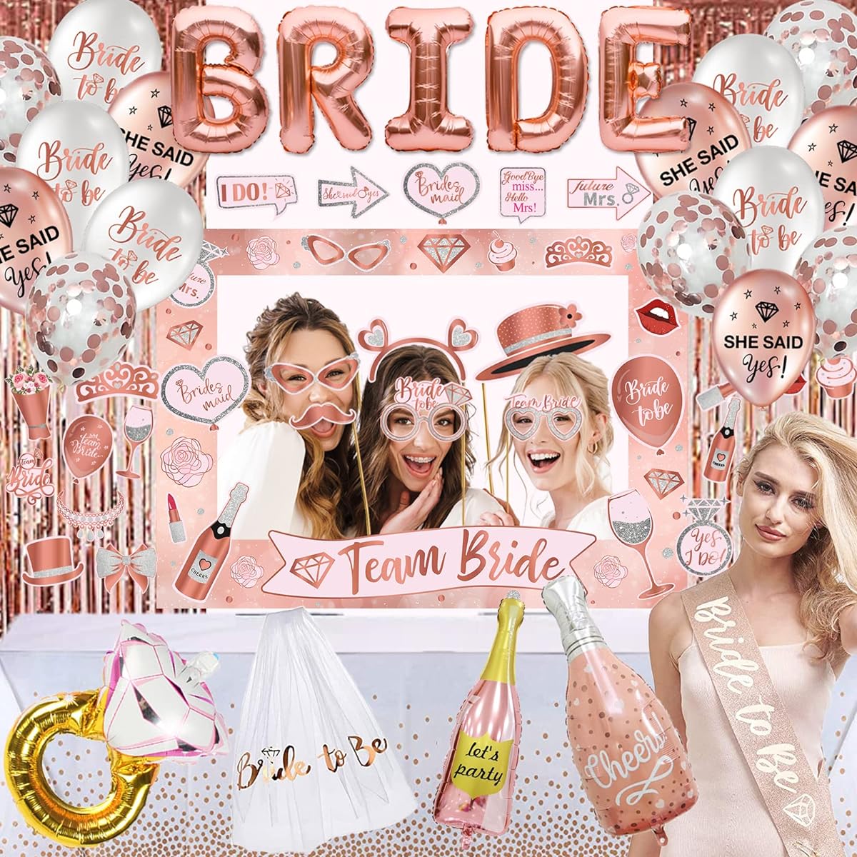 Bachelorette Party Decorations Supplies Bridal Wedding Veil Rose Gold Bride To Be Balloons Foil Curtain Tablecloth Sash Engagement Photo Booth Props for Bridal Shower