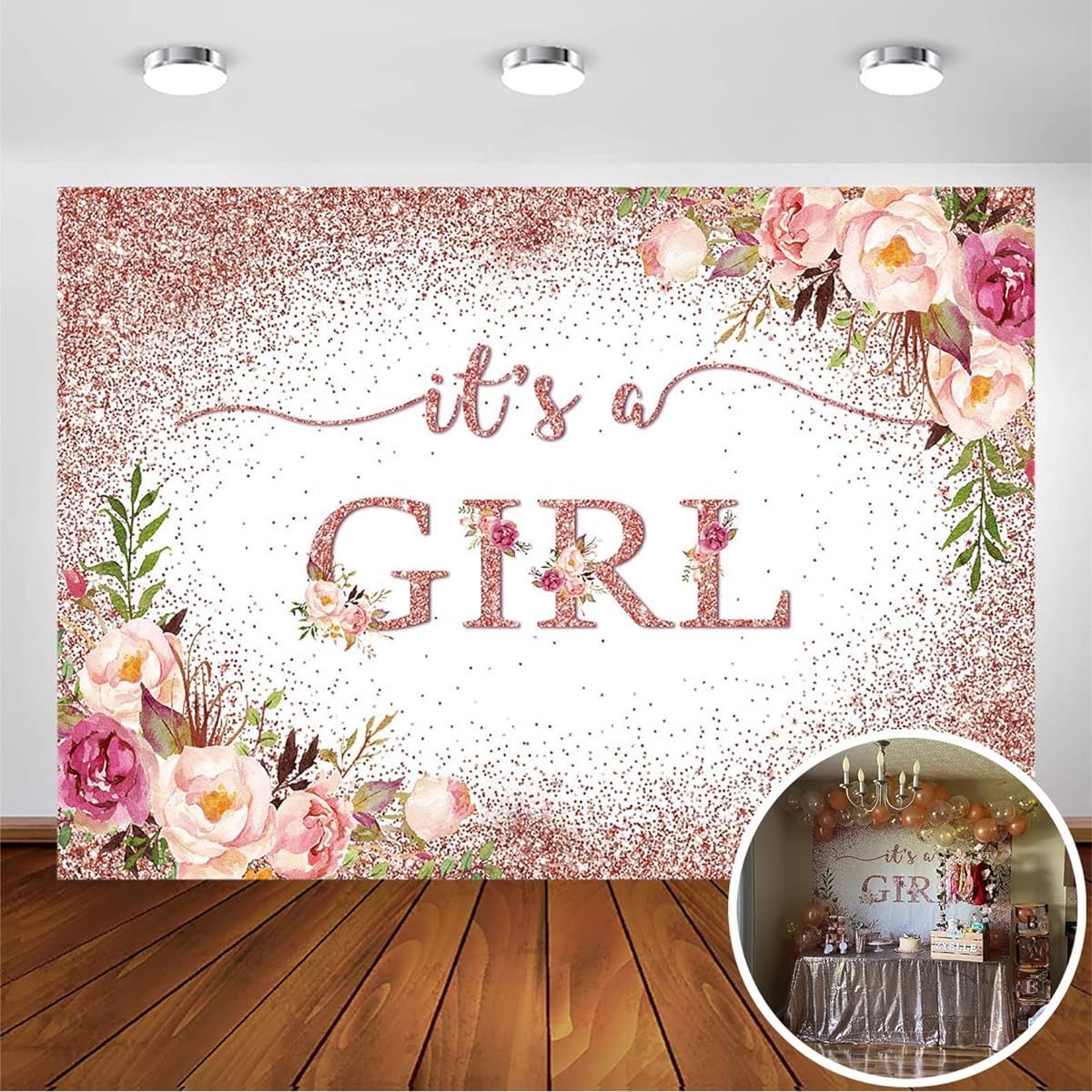 Avezano Rose Gold Baby Shower Backdrop Girls Party Blush Pink Floral It's a Girl Photo Background Glitter Confetti Decorations for Photo Shoot Event Banner (7x5ft)