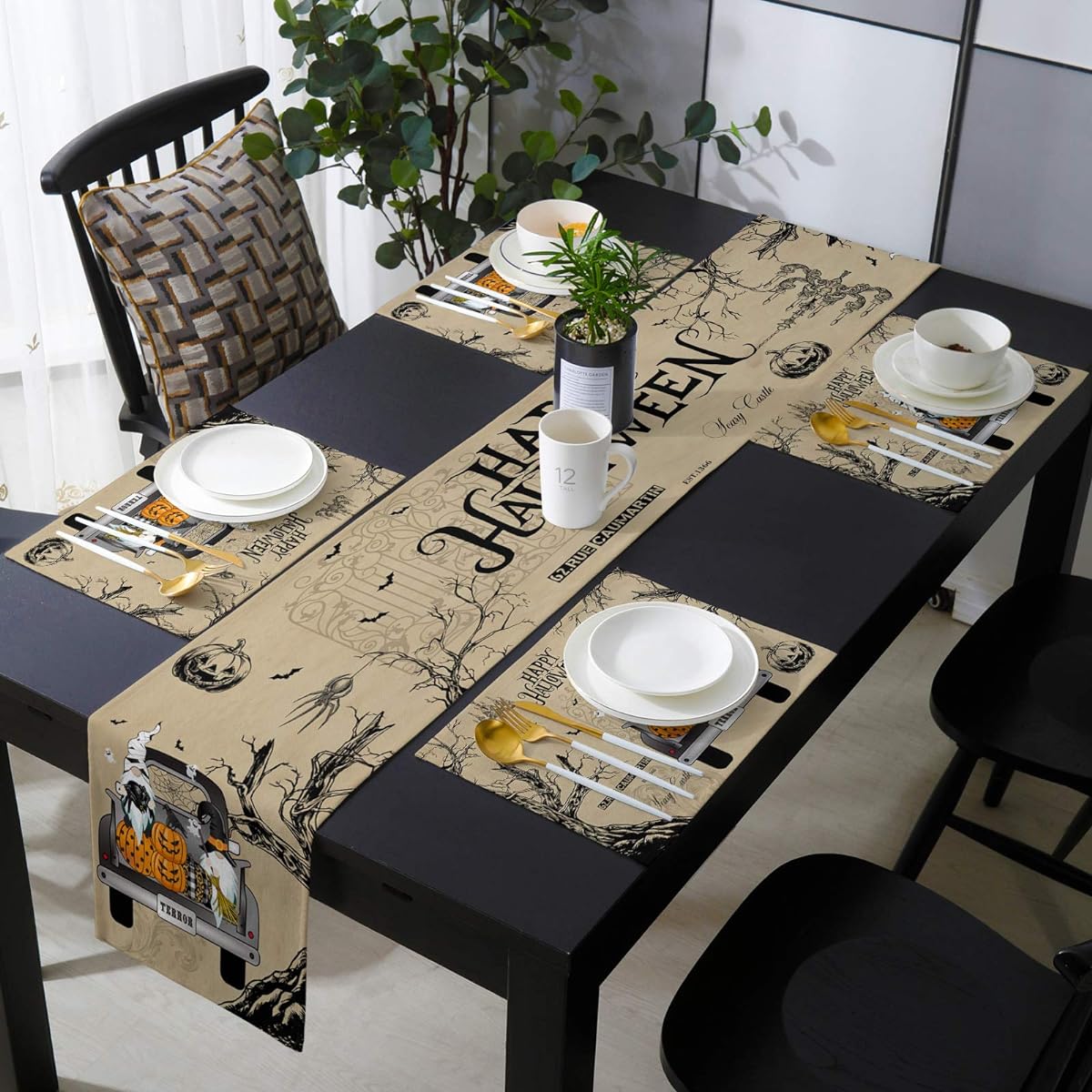 Halloween Placemats with Burlap Table Runner 72" Length Truckload Pumpkin Gnomes Raven Retro Heat Resistant Table Mats Set of 6 for Kitchen Dining Table Wedding Party Holiday Dinner