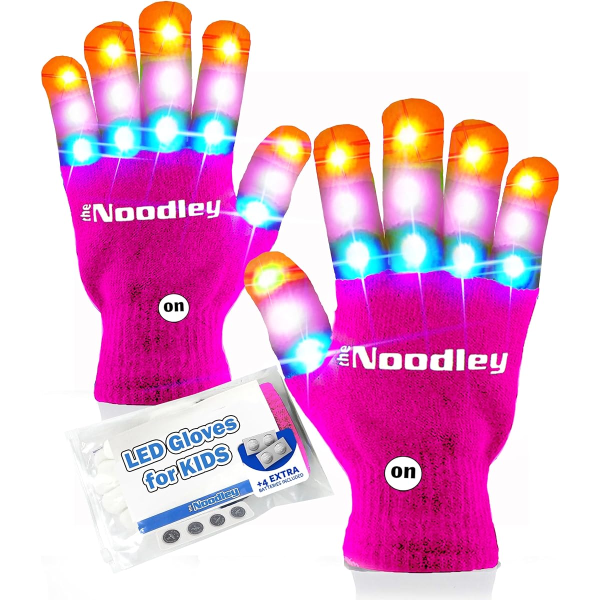 The Noodley LED Finger Light Gloves with Extra Battery, Kids and Teen Sizes, Ages 4-7 (Small, Pink)