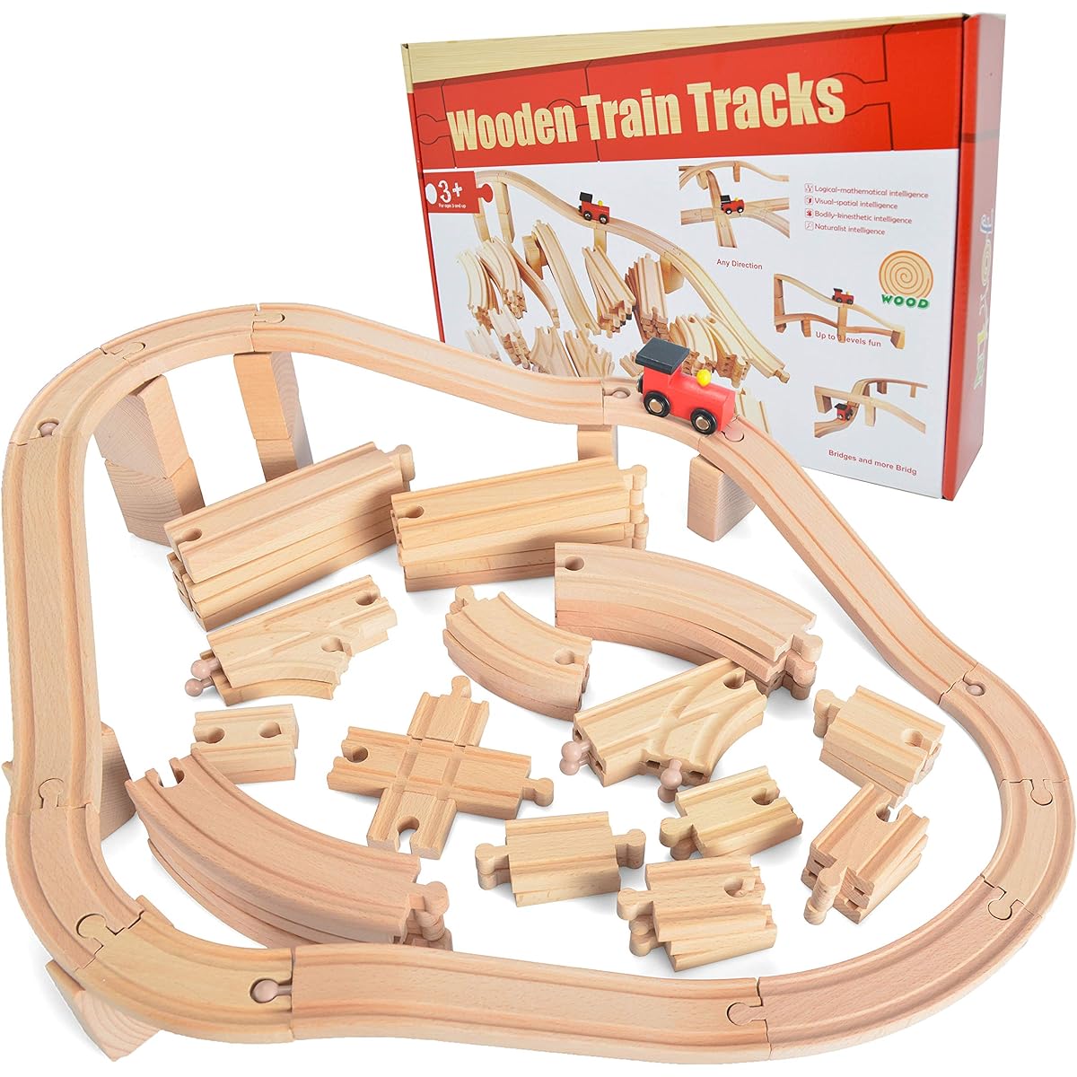 JOYIN Toys 62 Piece Wooden Train Track Extension Set - Battery Operated Thomas Not Included