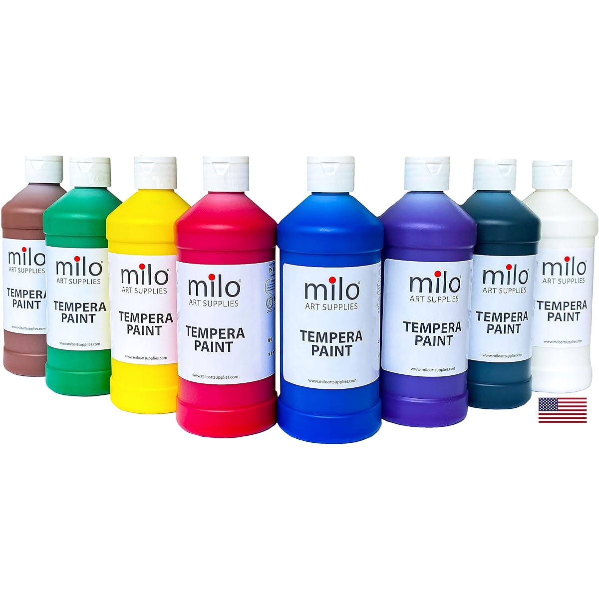 milo Tempera Paint Set of 8 Colors | 16oz Bottles | Made in the USA | Washable Non-Toxic Arts & Crafts Poster Primary Paints for Artists, Kids, Hobby Painters