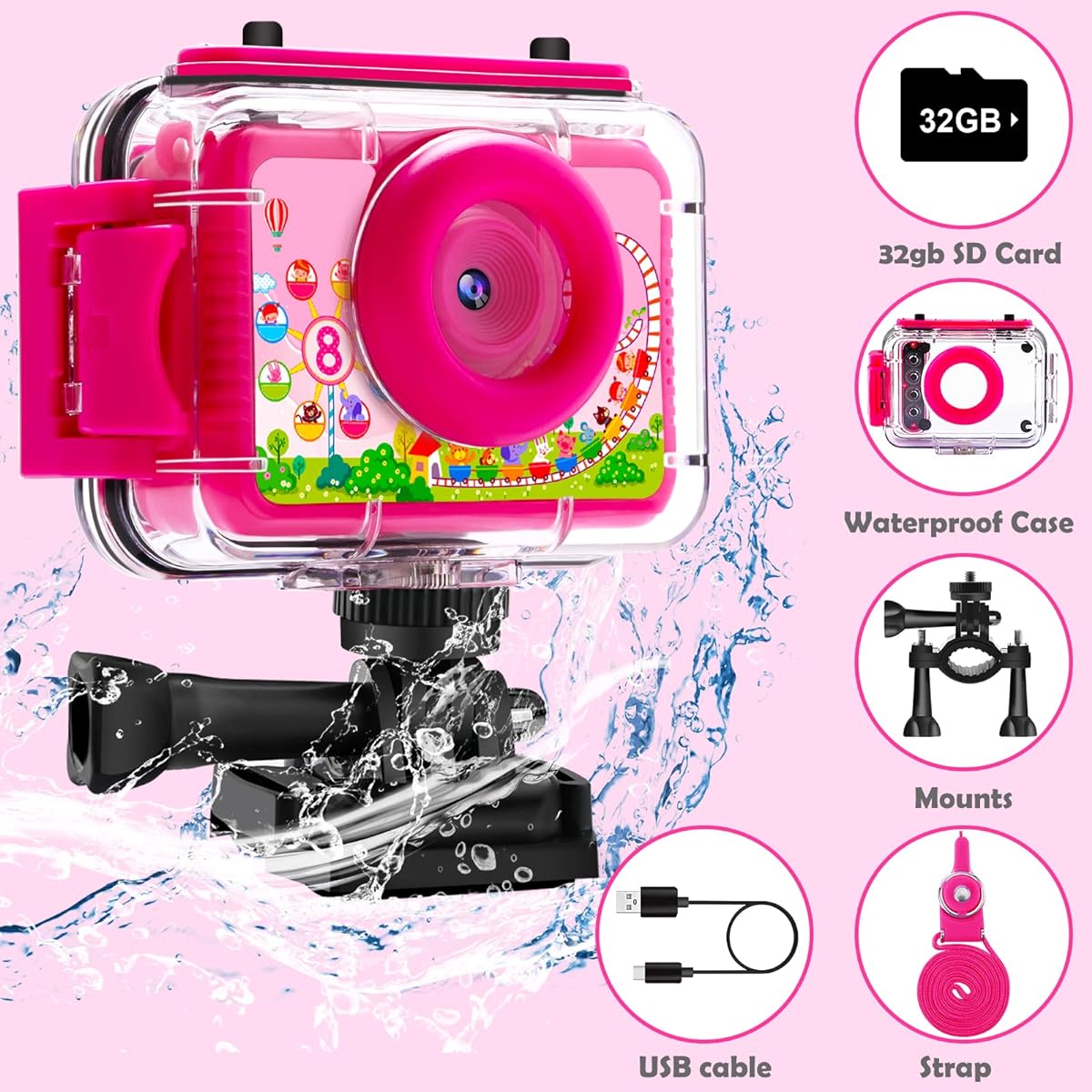 AILEHO Waterproof Camera for Kids Girls Gift - 3-14 Years Old Kids Camera Underwater 180° Rotatable 1080P Digital Action Camera Selfie Camcorder Outdoor Birthday Gift for Girls Kids Camcorder Recorder