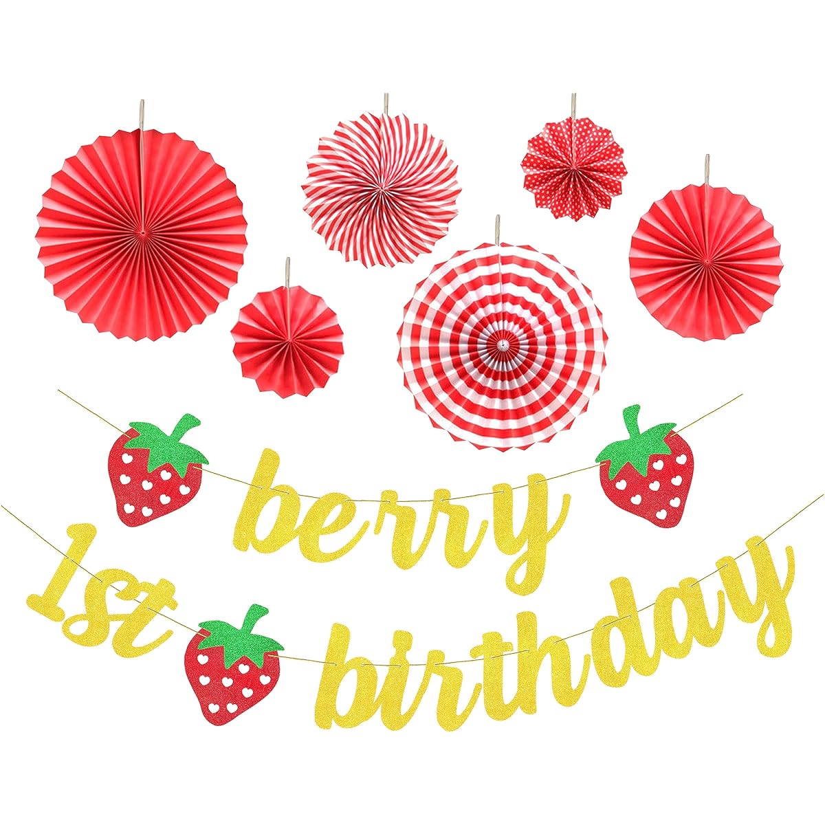 VILIFEVER Glitter Berry 1st Birthday Banner Garland Red Paper Fans 6 Pieces Strawberry Theme Birthday Decorations Sweet One First Birthday Banner Party Supplies
