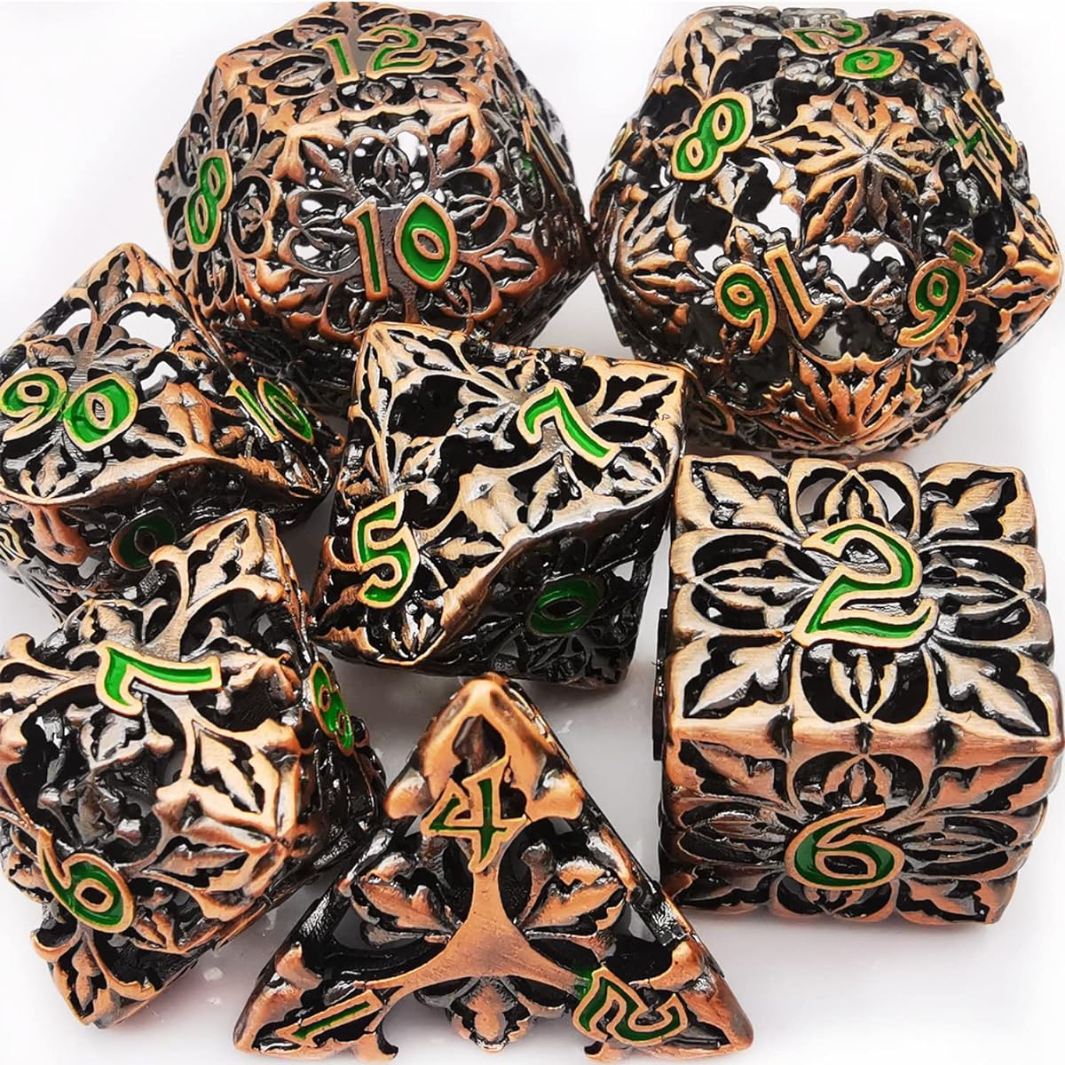 HAOMEJA Hollow Metal Flower Dice DND 7 Set Role Playing Dice D&D Dungeons & Dragons Ancient Red Copper