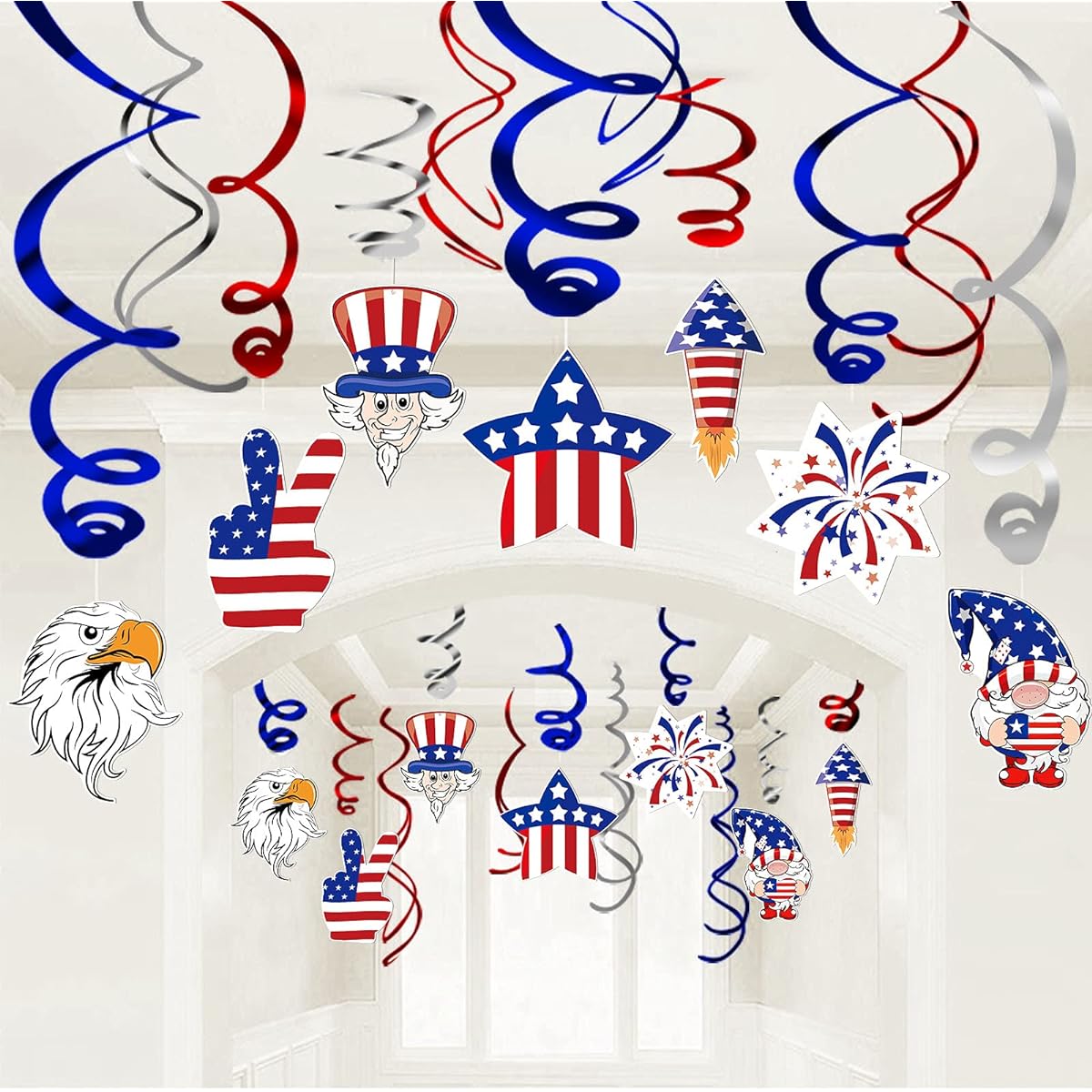 4th of July Swirl Hanning Decorations for Home, School and Office Stars and Stripes Map Party Supplies