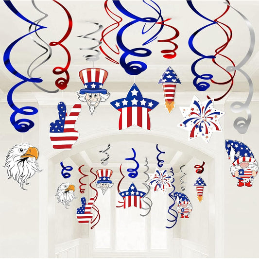 4th of July Swirl Hanning Decorations for Home, School and Office Stars and Stripes Map Party Supplies