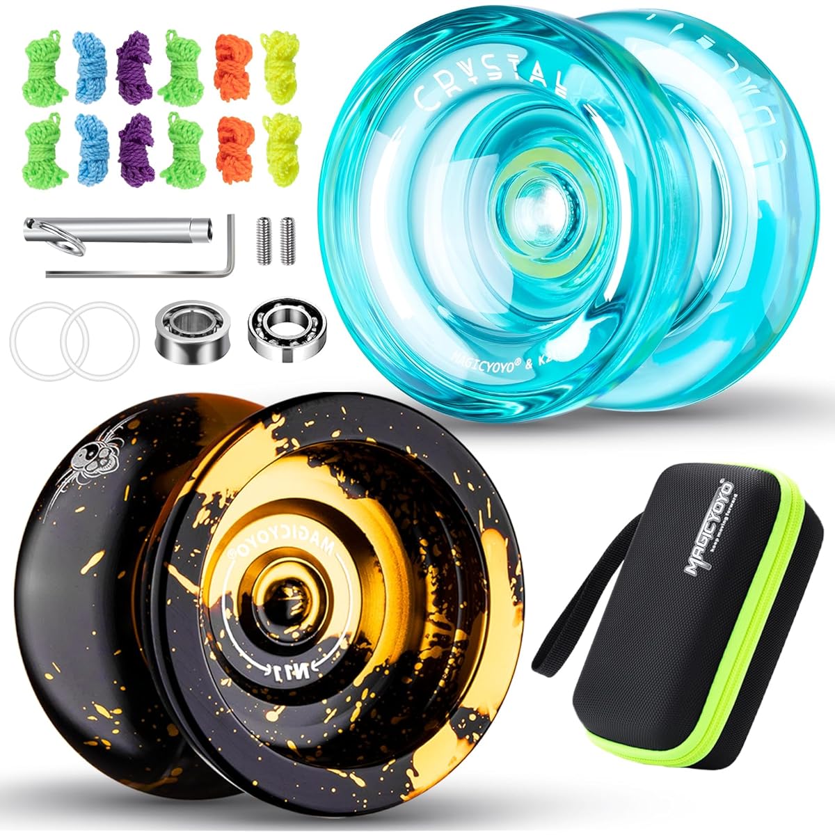 MAGICYOYO Gift Pack Set of 2 Yoyos - for Kids and Adults Plastic Responsive Yo K2 Crystal and Non-Responsive Metal Yoyo N11 with Extra Yoyo Case + 12 Yoyo Strings + Yoyo Bearing Kit