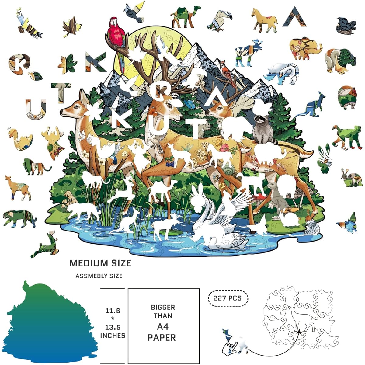 KUTA Wooden Jigsaw Puzzle, Unique Animal Shaped Pieces, Set with Decorating Kit, 29.5x34.5 cm, 205 Pieces, Best Gift for Adults and Kids (Ages 9+) (Deer)