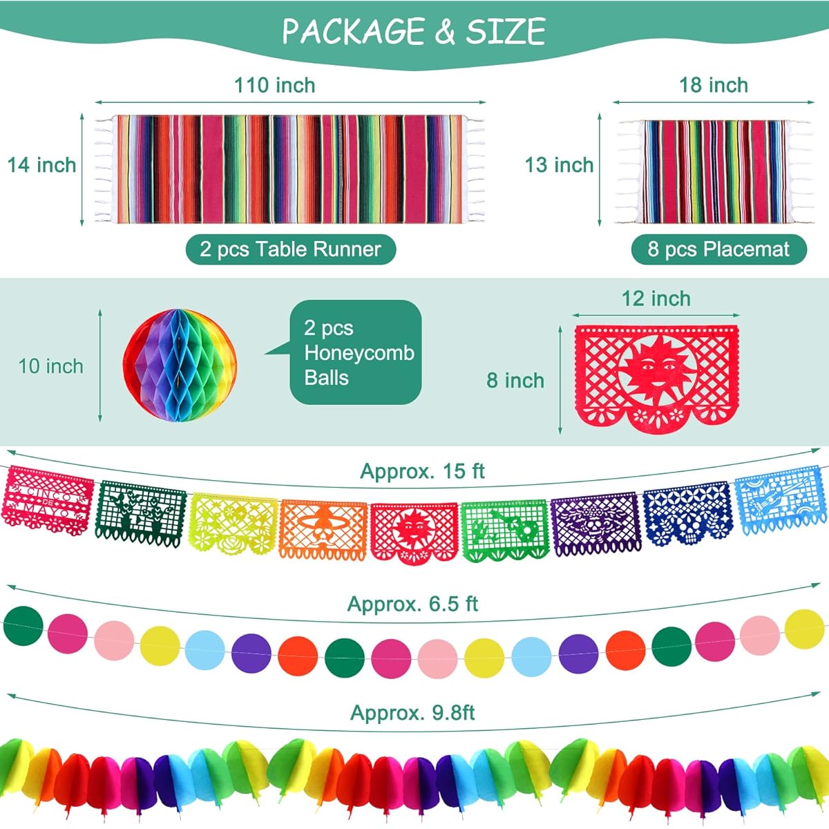 Mexican Party Decorations Set, 28 Pieces Mexican Table Runners, 2 Placemats, Picado Banner, Multicolor Hanging Paper Fans, Pom Pom Flowers, Honeycomb Balls, Cinco de Mayo Party Supplies