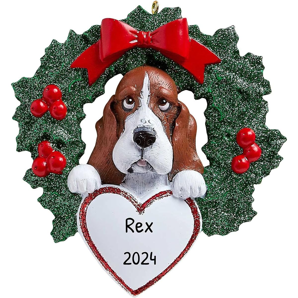 Personalized Basset Hound Christmas Tree Ornament with Wreath 2021 - Fluffy Dog Heart Paws Pure Love Stubborn Waddles Droopy Eyes Floppy Ears Proud Fur - Evernew Royal Family R.I.P. - Free Customization