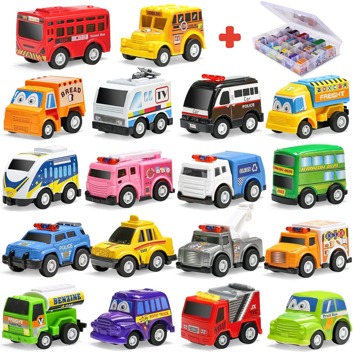 18 Pack Pull Back Car Toy Set with Storage Box - Kids Birthday and Party Favors