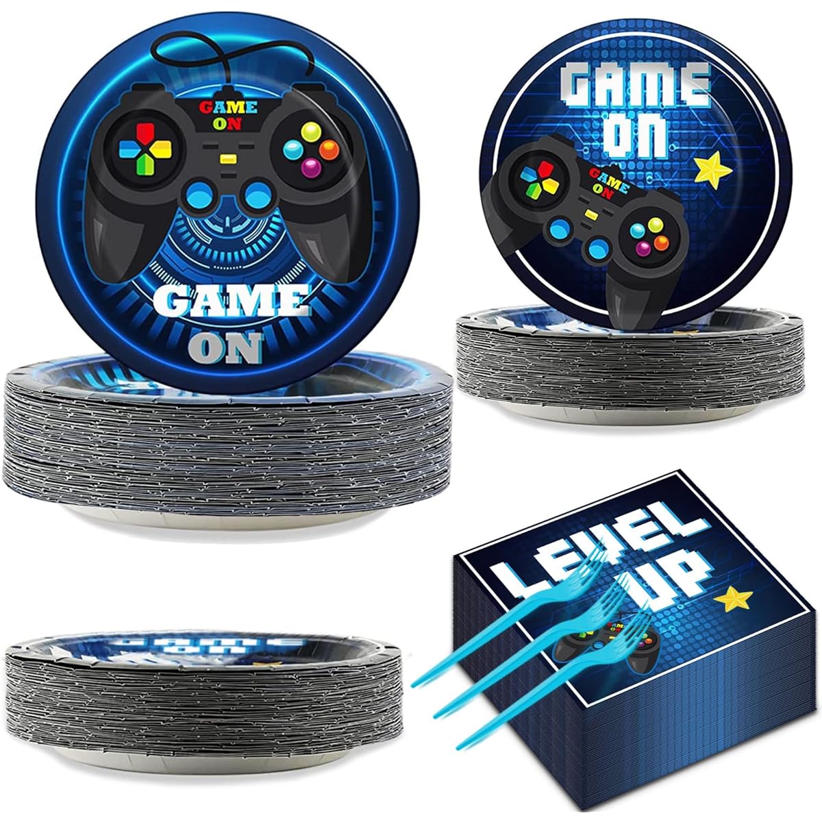 gisgfim 200pcs Video Game Party Supplies Paper Plates Napkins Game Party Birthday Decorations for Kids Games for 50 People