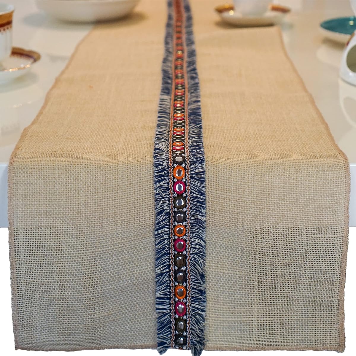 CHICON 12x60 Burlap Table Runner - Dresser Cover or Farmhouse Table Runner - Natural Cream Beige Burlap Fabric - Rustic Wedding Table Decorations - Collection 5-12x60
