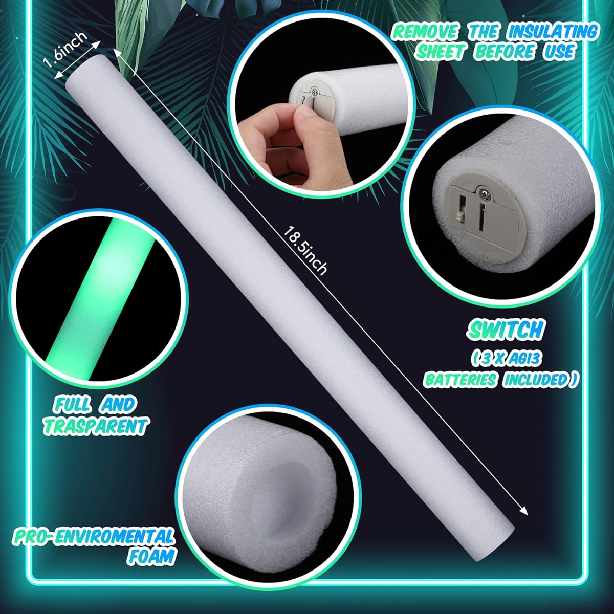 30pcs LED Glow Sticks 18.5 Inch Light Up Sticks Battery Operated Baton for Wedding Rave Carnival Concert Halloween Birthday Party (Green)