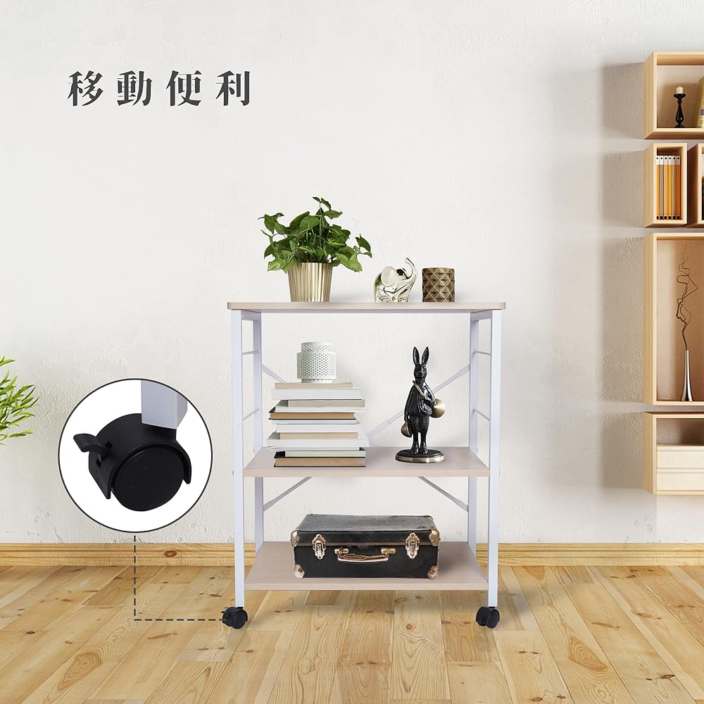 ybaymy Kitchen Wagon, Steel Rack, Kitchen Rack, Metal Rack, 3 Tiers, Width 60 x Depth 40 x Height 75 cm, Storage Shelf, Range Stand, Range Board, Kitchen Board, Wood Grain, Slim, Space Saving, Comes with Casters, Easy to Move, Natural