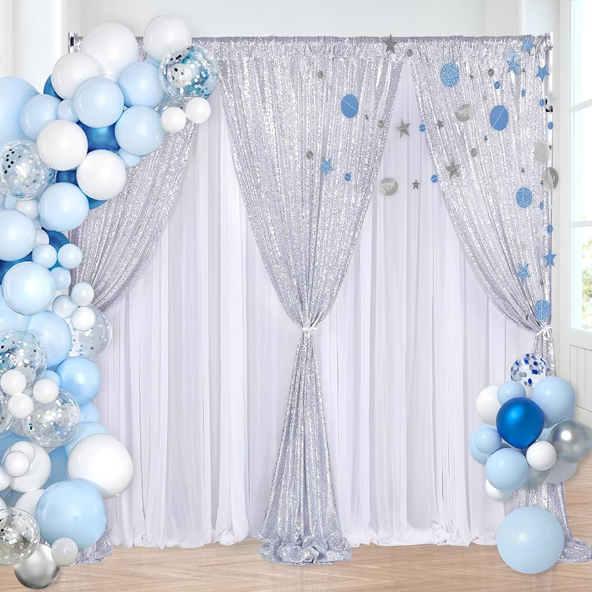 Sequin Backdrop Curtains 4 Pack 2ftx8ft Silver Sparkly Backdrop Drapes Winter Party Indoor Silver Backdrop Curtains Fabric