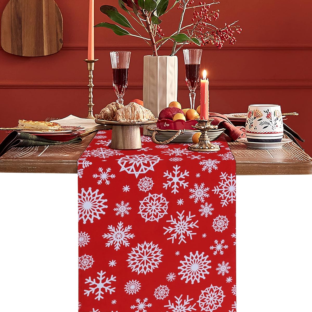 LUSHVIDA Christmas Table Runner Red Table Runner Snowflake Pattern Table Linen Washable Wrinkle Free Washable Table Runner for Party Dinner/Dining Room 14x120 Inch