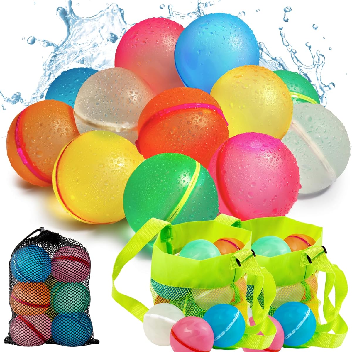 COLETA 12pcs Reusable Water Balloons Magnetic Self Seal with 2 Side Bags Refillable Latex Free Soft Silicone Bombs Quick Fill Balls for Boys Girls Gifts Toys Outdoor Activities Pool Beach Splash Fun