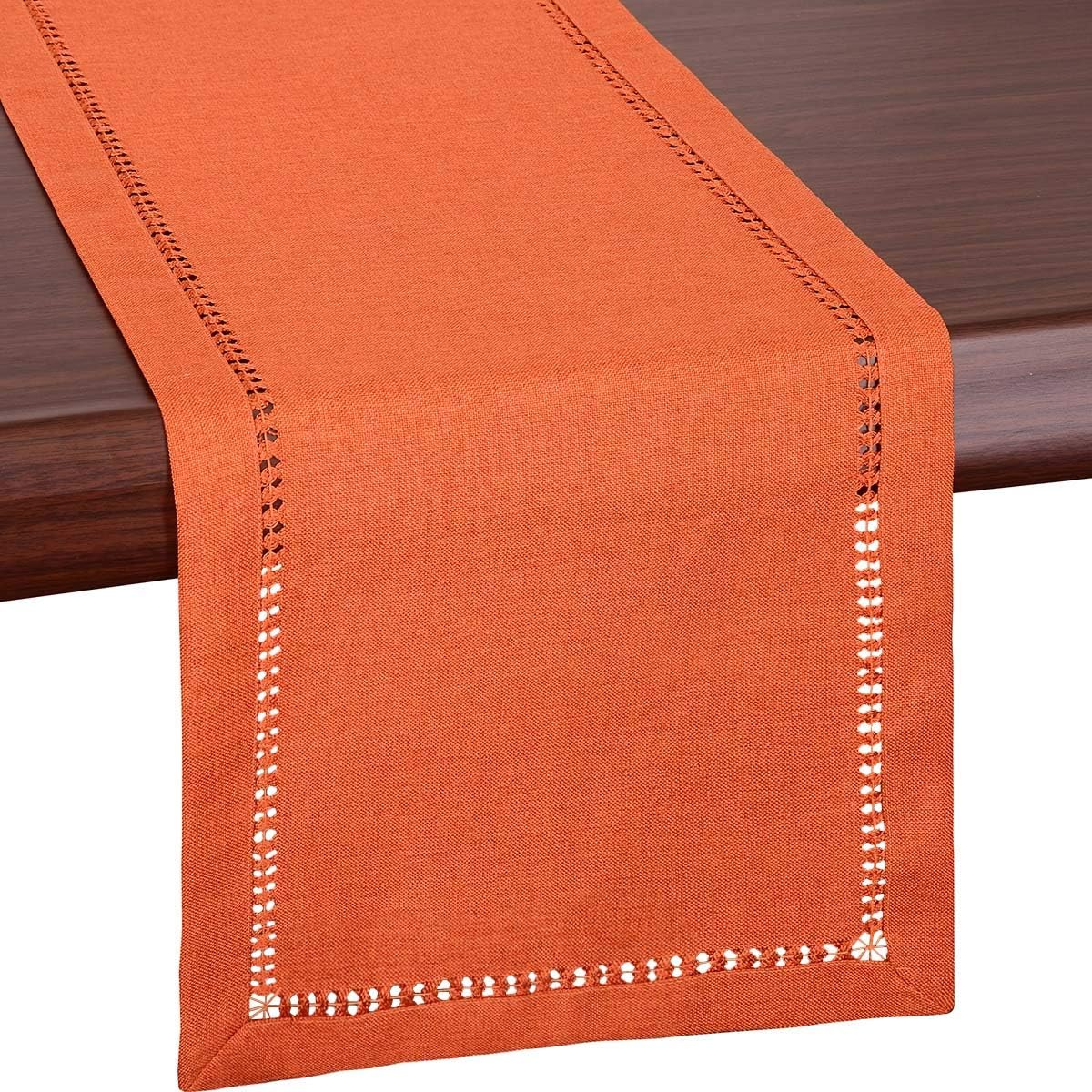 Grelucgo Extra Large Handmade Hemstitched Orange Rectangle Table Runner for Fall, Thanksgiving, Halloween (14" x 156")