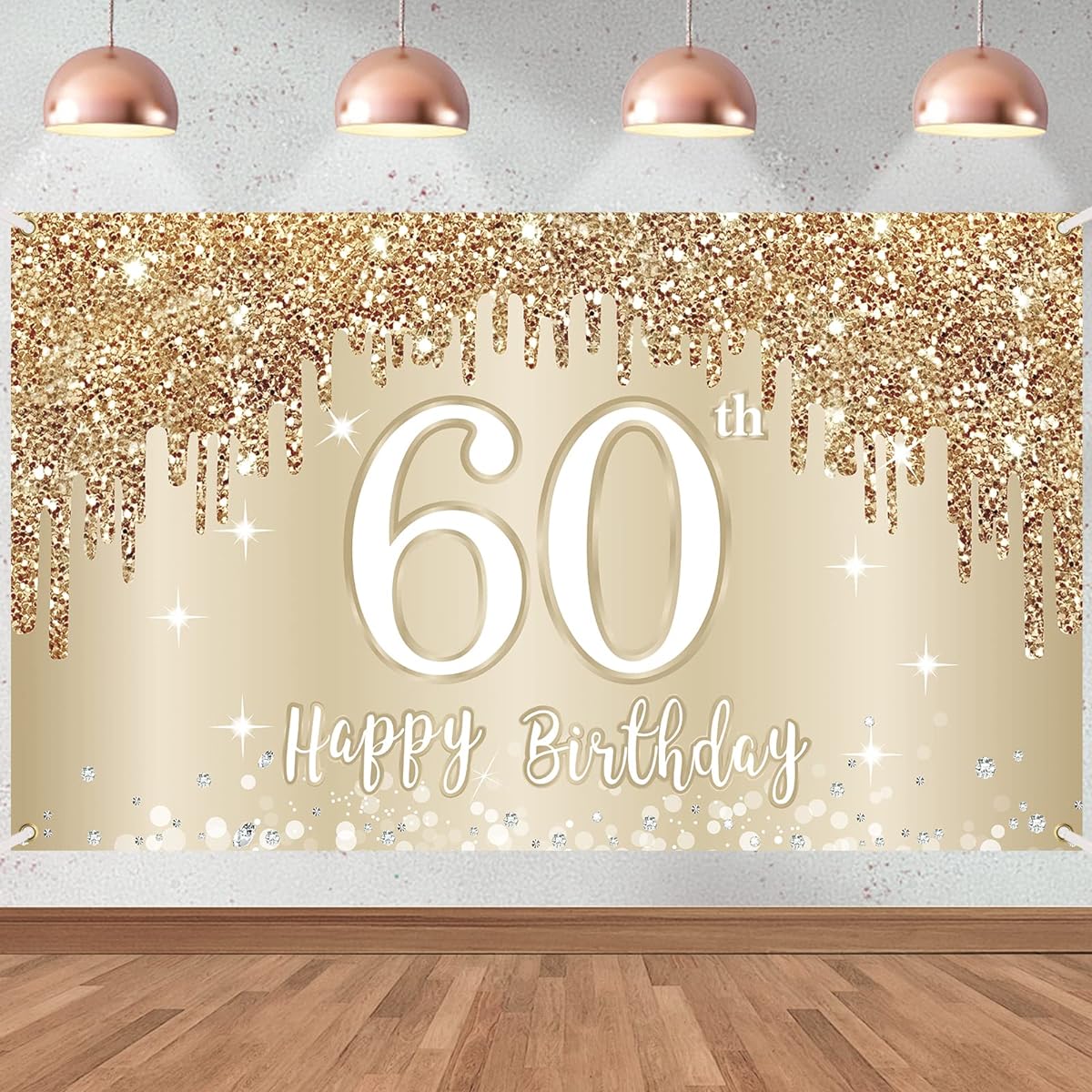 Happy 60th Birthday Banner Backdrop Decorations for Women Gold White 60th Birthday Sign Party Supplies 60th Birthday Photo Booth Background Poster Decor (72.8 x 43.3 Inch)