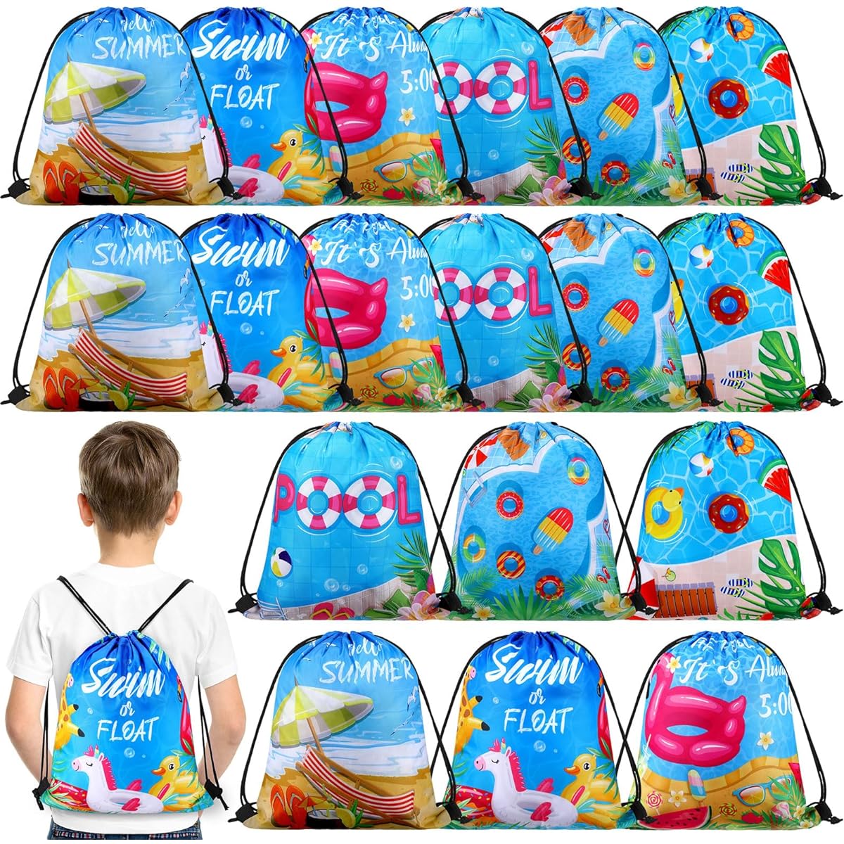 Sanwuta 18pcs Summer Pool Sea Party Favors Beach Sea Animal Party Drawstring Bag Luau Hawaiian Ocean Party Treat Bags for Kids Birthday Party Supplies (Pool Party)