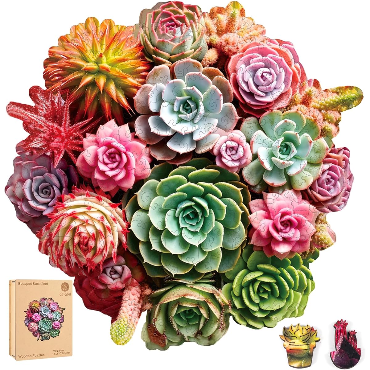 delobil Succulent Bouquet Wooden Puzzle for Adults 200 Piece Mandala Round Jigsaw Puzzle Medium Unique Shape Liberty Wood Puzzle Gift for Kids Family Game 11.3" x 10.5"