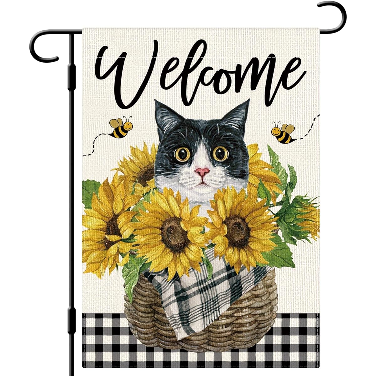 DLZDN Sunflower Cat Garden Flag Tuxedo Cat Garden Flag 12x18 Inch Vertical Double Sided Buffalo Plaid Summer Bee Flower Cat Welcome Farmhouse Holiday Outdoor Decor Burlap Yard Flag