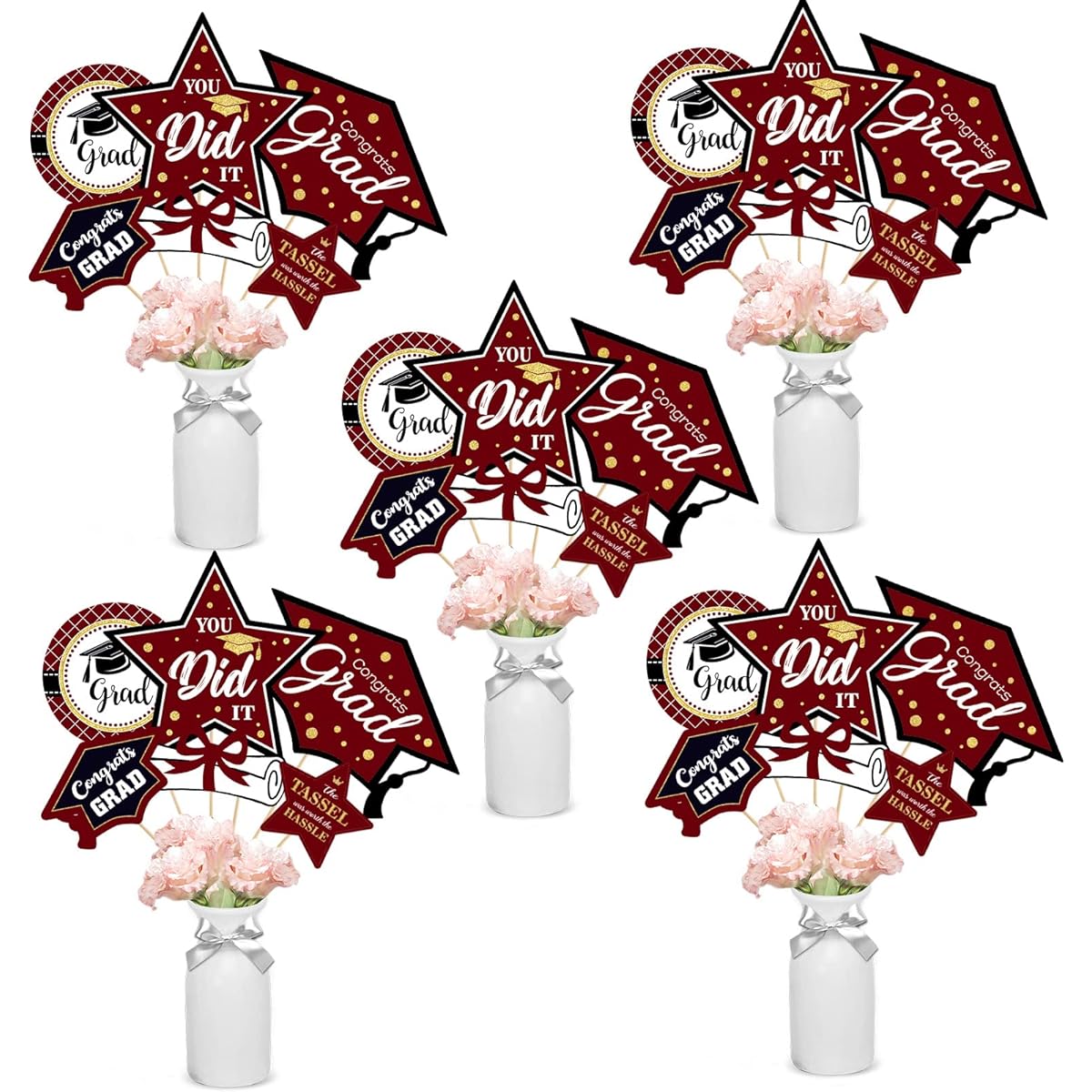 Maroon and Gold Graduation Decorations, Set of 24, Class of 2023 Table Decor, Congratulations Graduation Party Centerpieces Sticks Table Toppers, Graduation Party Supplies