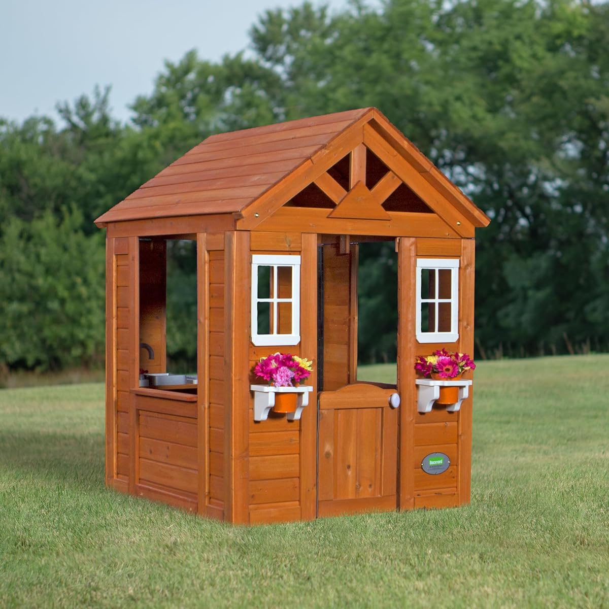 Backyard Discovery Timberlake All Cedar Wood Playhouse, Country Cottage, Sink, Stovetop, White Trim Window, Kitchen with Sink and Stovetop, Flower Pot Holder, Ages 2-6