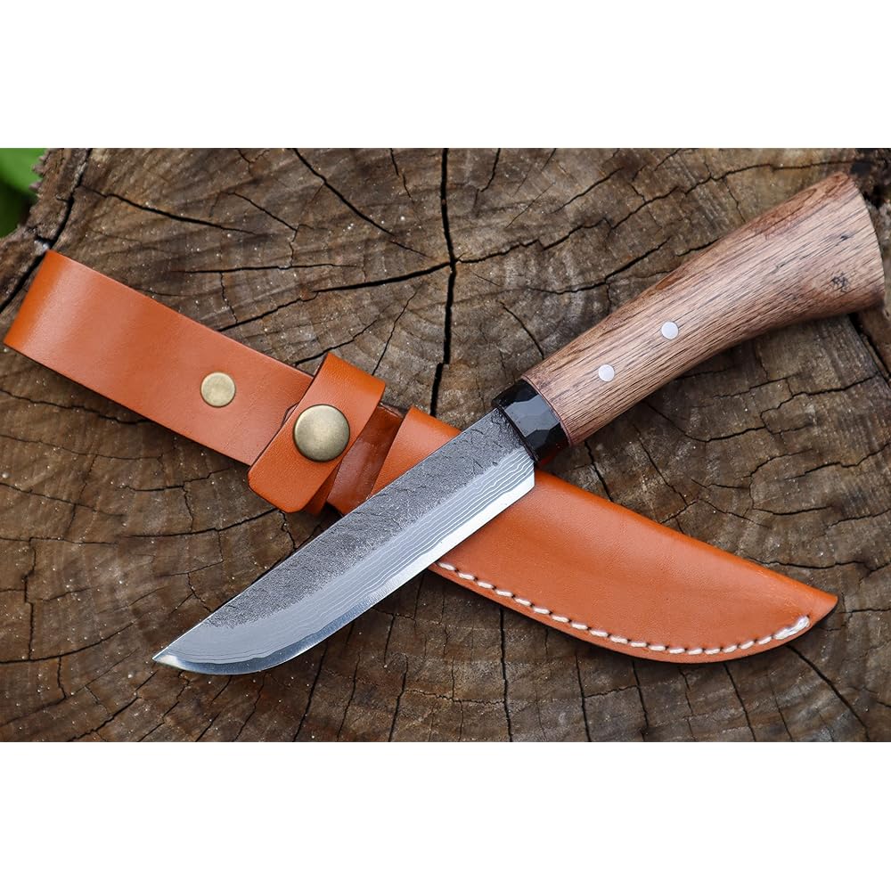 Akinosaku Tosa Shimanto Keiryu Knife 105 Damascus 15 Blue 2 (7+Blue 2+7) Kurotsuchi eyes Double-edged Black circle ring Oak oil stain handle Leather band keiryu-001 Toyokuni sheath knife Forged Outdoor Camping Climbing