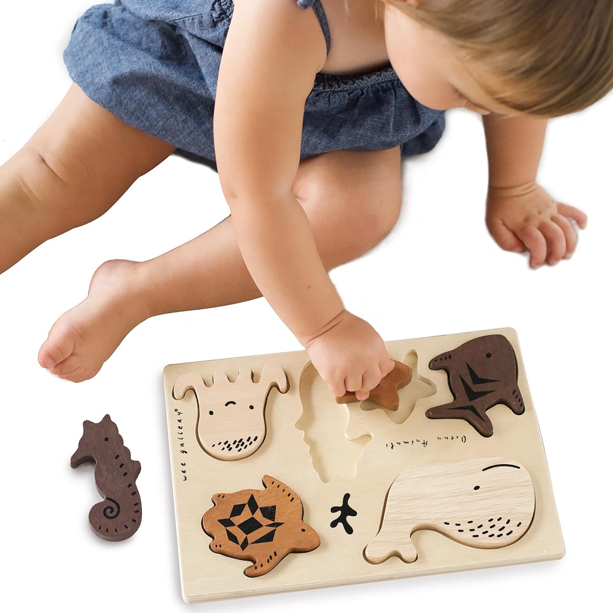 Wee Gallery Wooden Tray Puzzle Marine Animals 2nd Edition Montessori Toy for Early Learning & Fine Motor Skills Development Sustainable Educational Toy for Ages 2+ (10x7 inches)