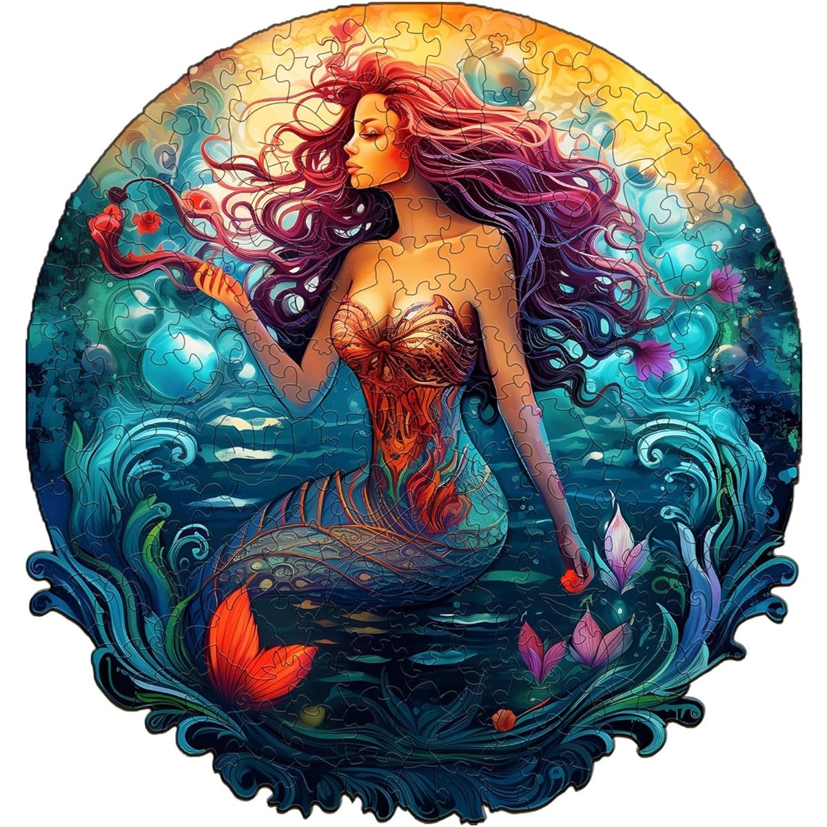 Jigfoxy Wooden Puzzles for Adults, Mermaid Wooden Jigsaw Puzzle for Adults Unique Animal Shape Woodcut Puzzle for Family Friends (L-13.3*12.6inch-280 Pieces)