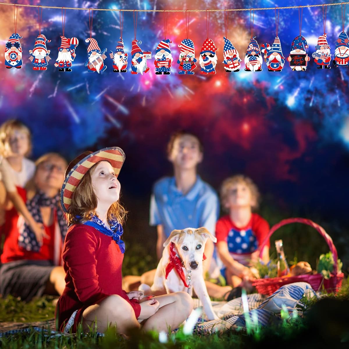 Tradder 48pcs Independence Day Gnome Ornaments Star Hanging Plush Felt Gnome Elf Pendants with Rope for Independence Day Party Decorations Banner Home Family
