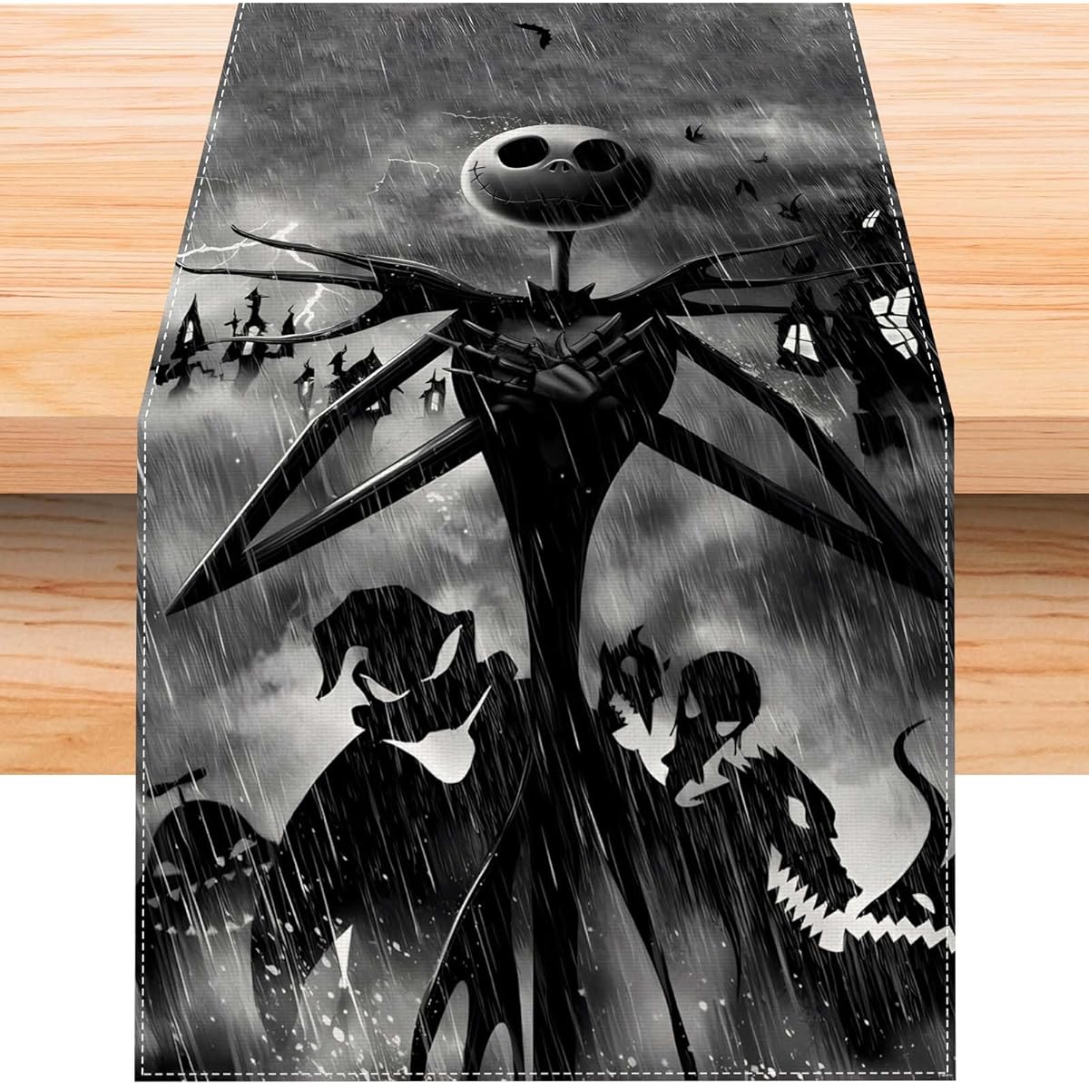 Jiudungs Gothic Nightmare Before Christmas Table Runner 72" Long, Gothic Jack Skellington and Sally Halloween Christmas Xmas Winter Holiday Home Kitchen Dining Room Table Decoration