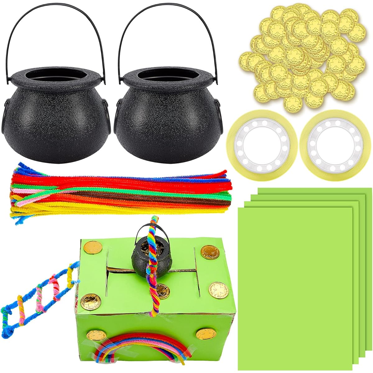 St. Patrick's Day 324 Pieces, 20 Green Papers, 100 St. Patrick's Gold Coins, 200 Plush Metal Strips, 2 Plastic Cauldrons, 2 Tapes, Kids Party Supplies