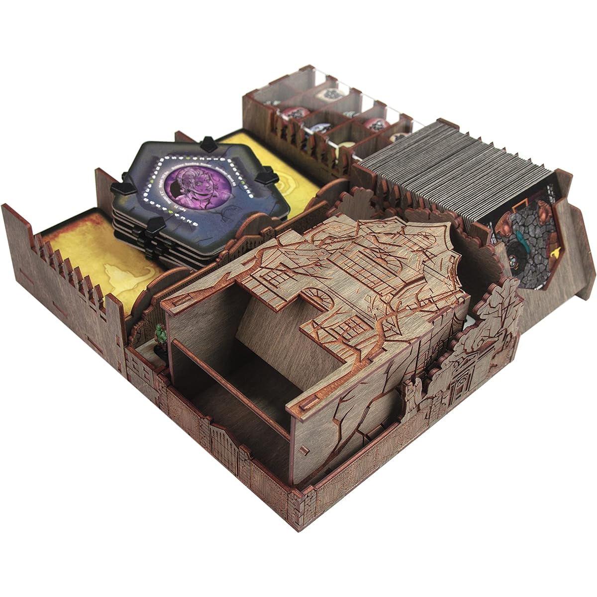 SMONEX Wooden Organizer for Betrayal at the House on the Hill - Storage Organizer Carved Design Amazing Dice Tower - Great Board Game Accessories and Gifts for Board Game Fans
