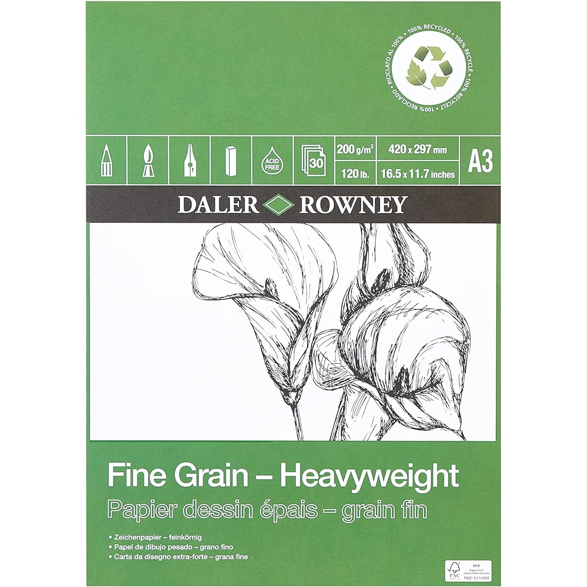 Daler Rowney 100% Recycled Paper Fine Grain 200G A3 Sketch Pad