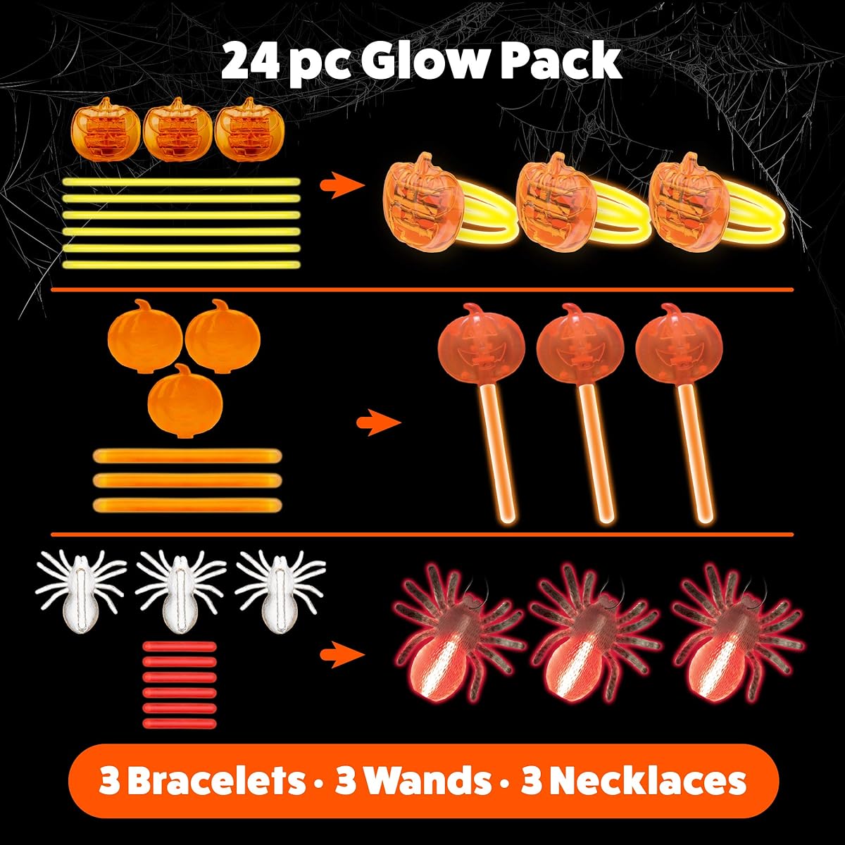 PartySticks Glow Party Pumpkin Kit Party Favors for Kids - Glow in the Dark Party Decorations with 15 Glow Sticks, 3 Fake Bug Critters, 3 Wand Toppers, and 3 Glow Bracelet Connectors
