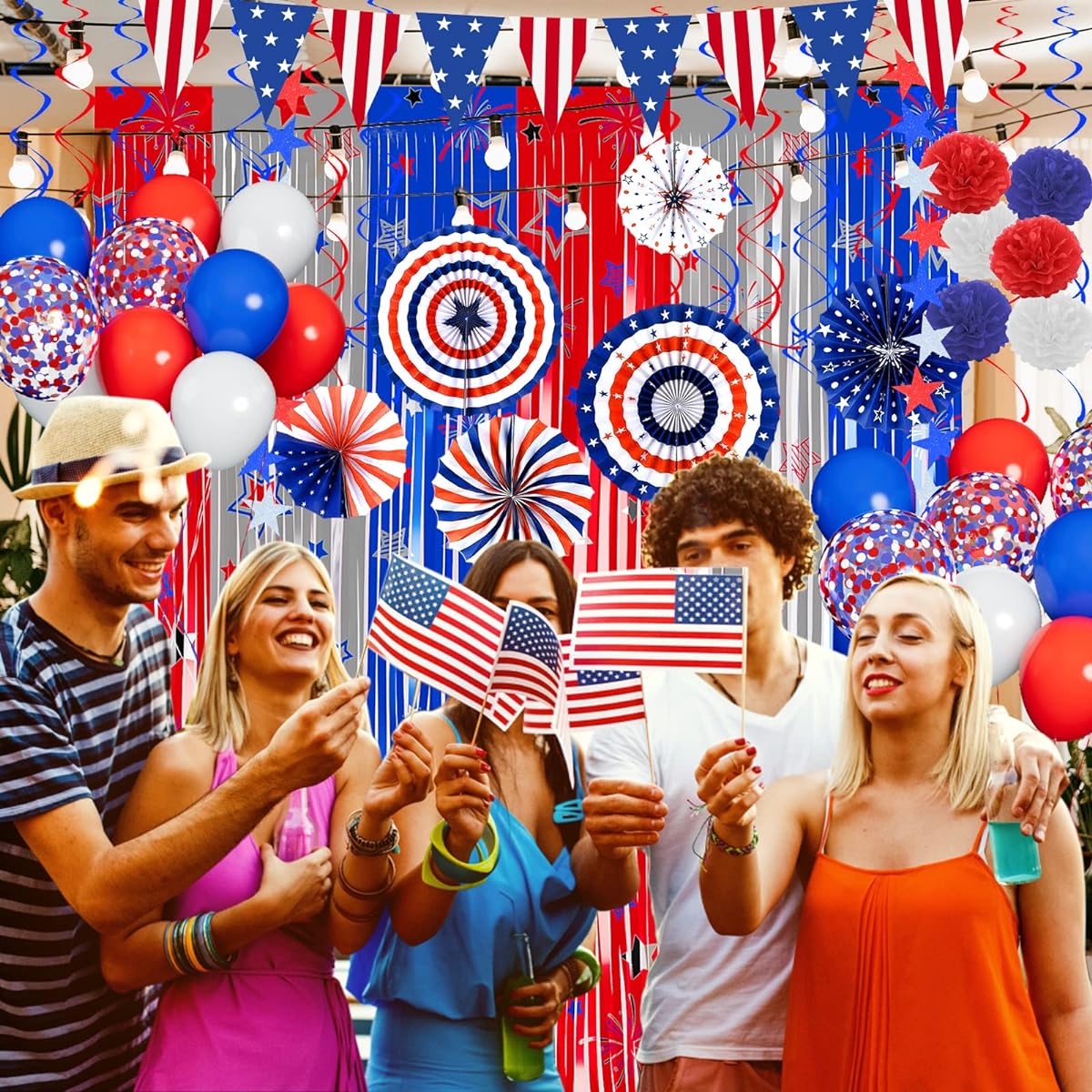 DBKL Patriotic Decorations 4th of July Independence Day Memorial Day Party Supplies Red White Blue USA Stars Foil Fringe Curtains Hanging Paper Fans Swirls Flags Pennants Balloons Pompoms 49pcs