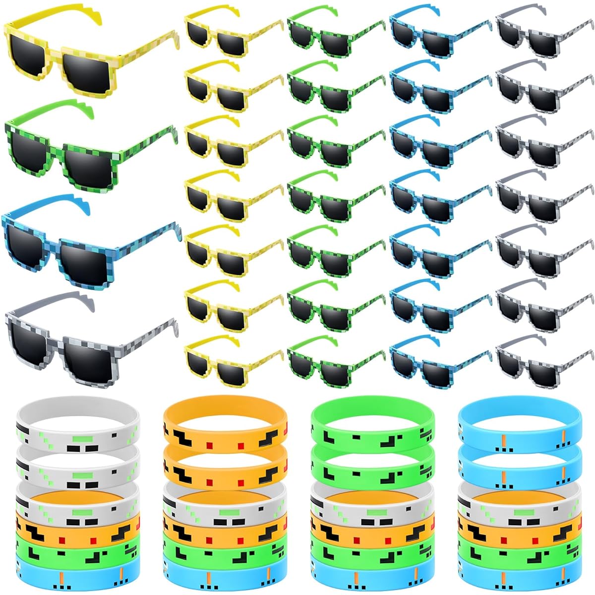 Geyoga 48pcs Pixel Gaming Party Supplies, 24pcs Pixel Gamer Sunglasses Pixelated Glasses, 24pcs Pixel Themed Bracelets Silicone Wristbands for Kids/Adults/Players/Birthday Decorations/Favors