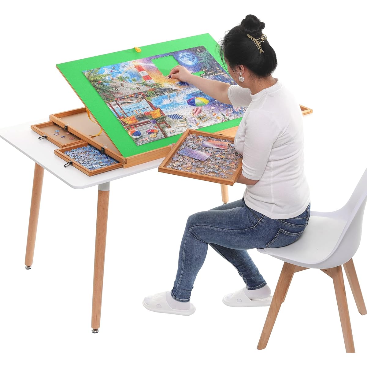 Jigsaw Puzzle Table with 4 Drawers, 1500 Piece Portable Puzzle Board with Wooden Puzzle Cover, 3 Angle Tilt Puzzle Table for Adults, Seniors, Teens