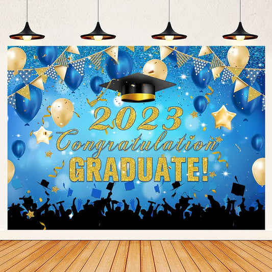 7x5ft 2023 Graduation Backdrop Backdrop Graduation Celebration Backdrop 2023 Graduation Backdrop 2023 Glitter Graduation Party Photo Decoration Graduation Party Supplies (Blue and Gold Congratulations)